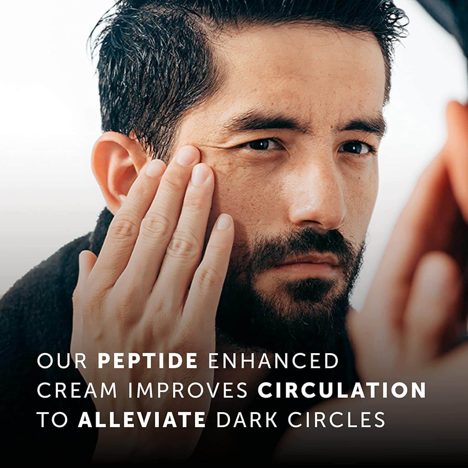 Man applying the peptide-enhanced eye cream to improve circulation and alleviate dark circles