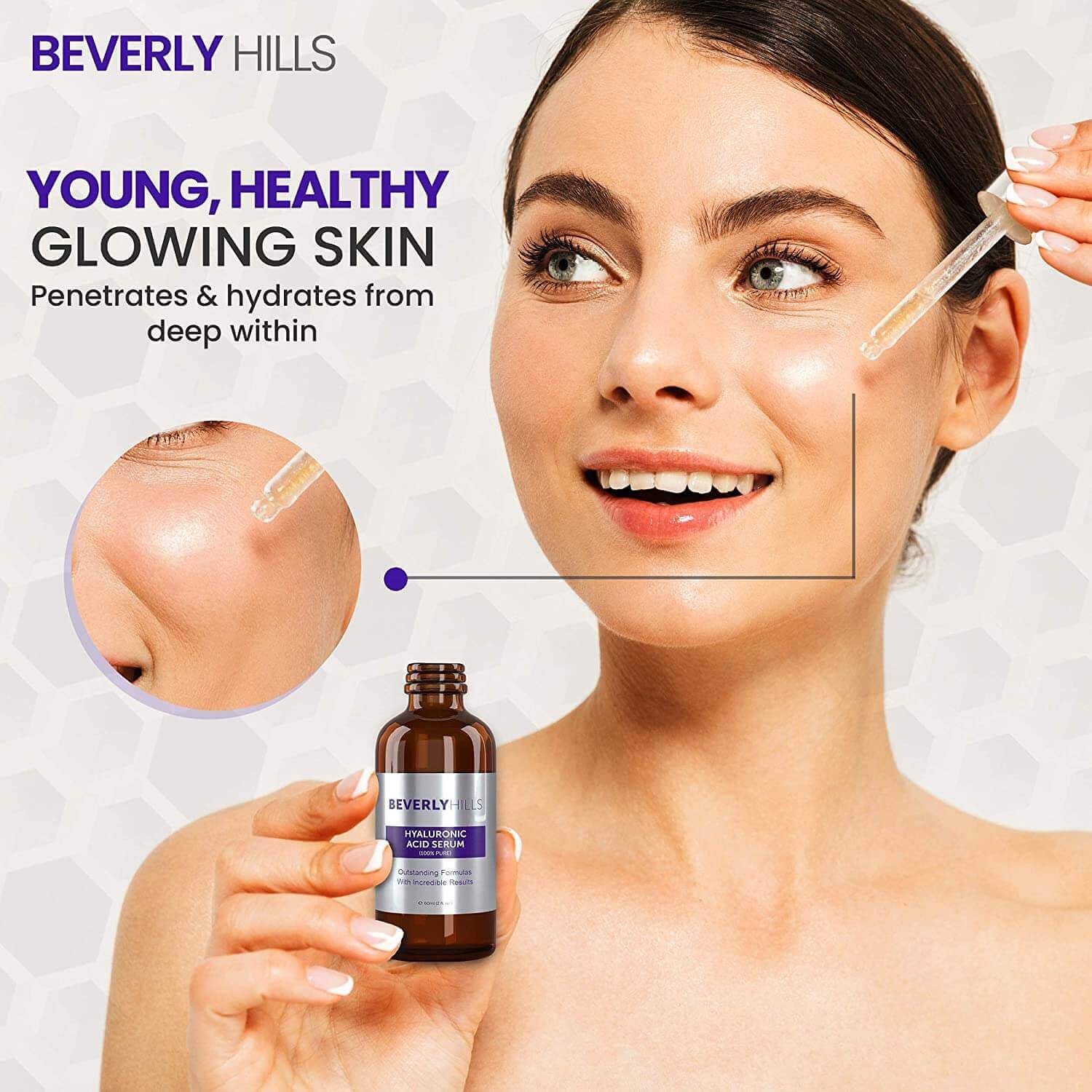 Model applying the hyaluronic acid serum for glowing skin