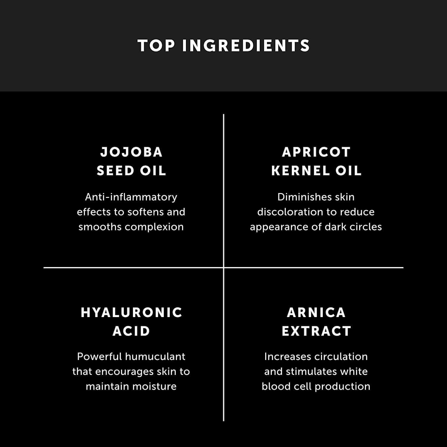 Top ingredients: jojoba seed oil, apricot kernel oil, hyaluronic acid and arnica extract
