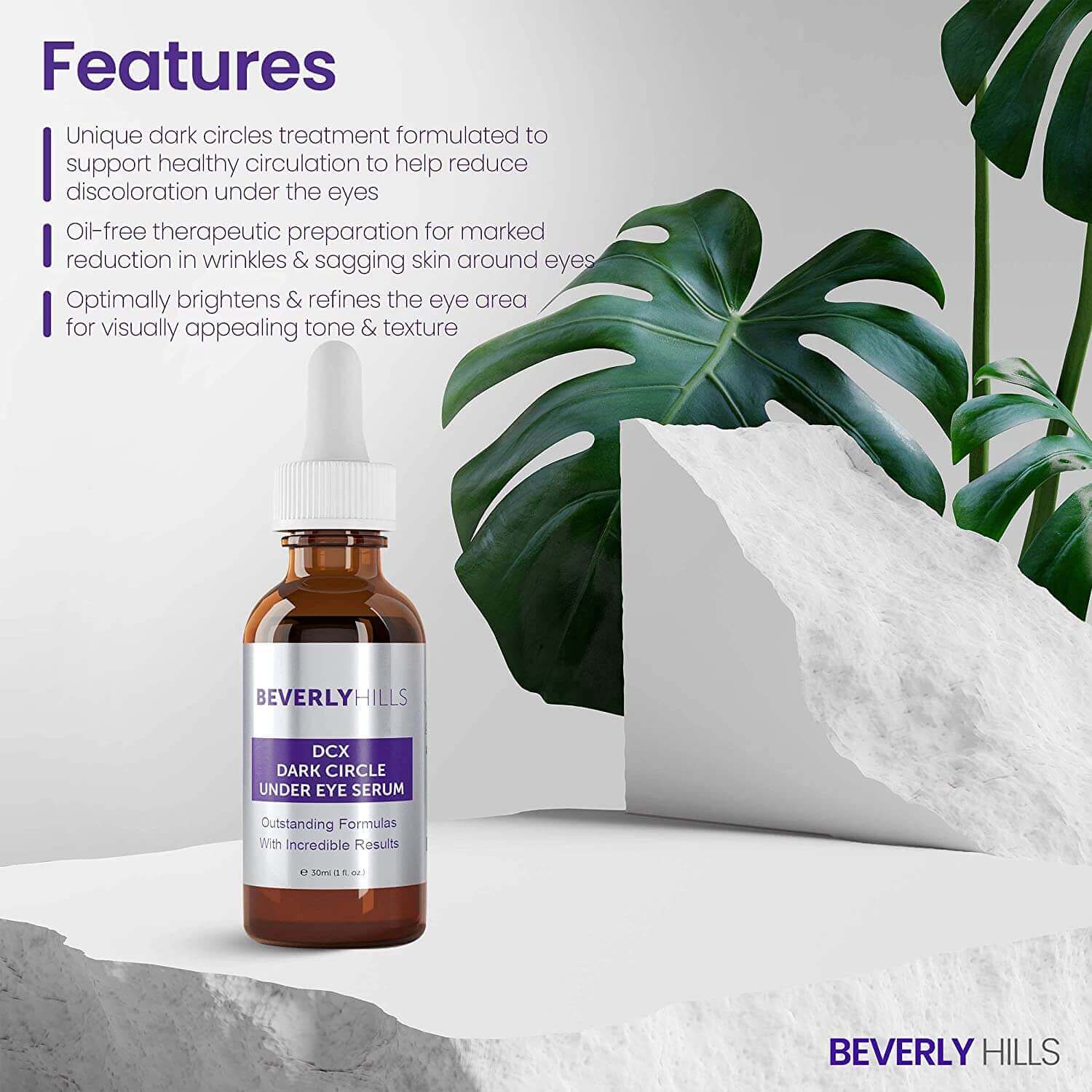DCX Under Eye Serum features: circulation support, oil-free, brightening