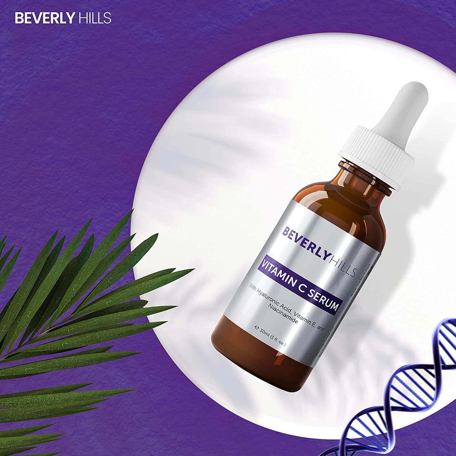 Beverly Hills Vitamin C Serum bottle on plum background