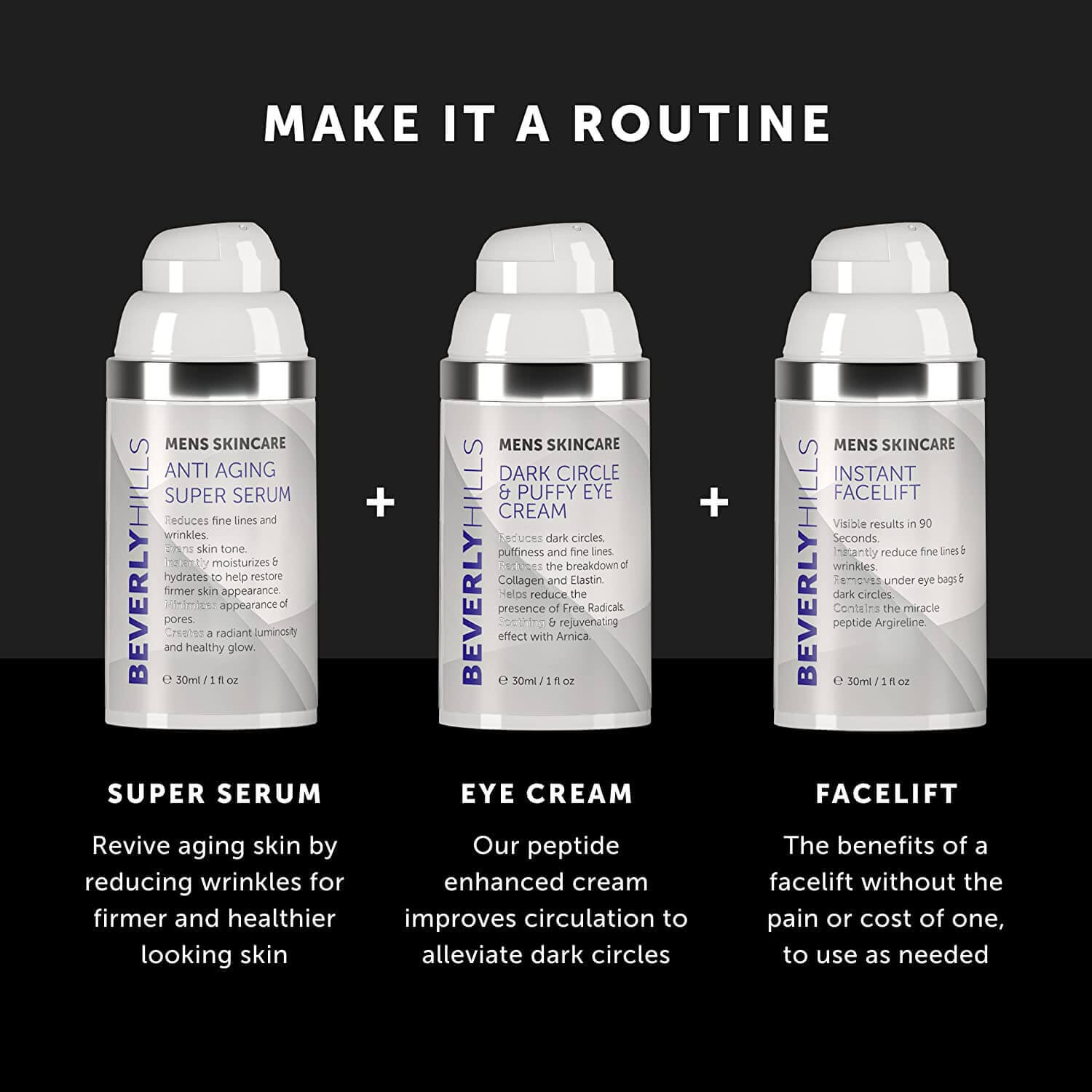 Make it a routine: men's super serum, dark circle eye cream and instant facelift