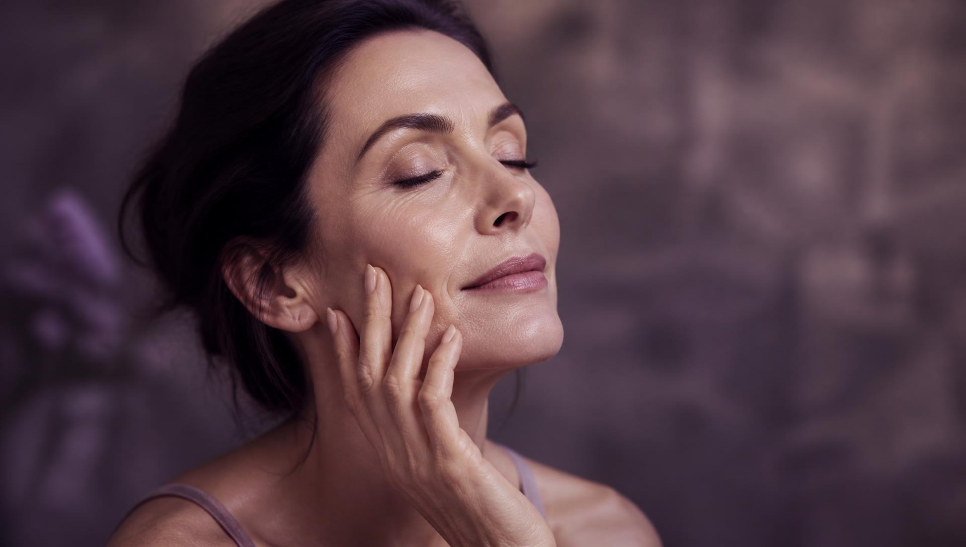 Woman with luminous skin resting her fingertips against her cheek