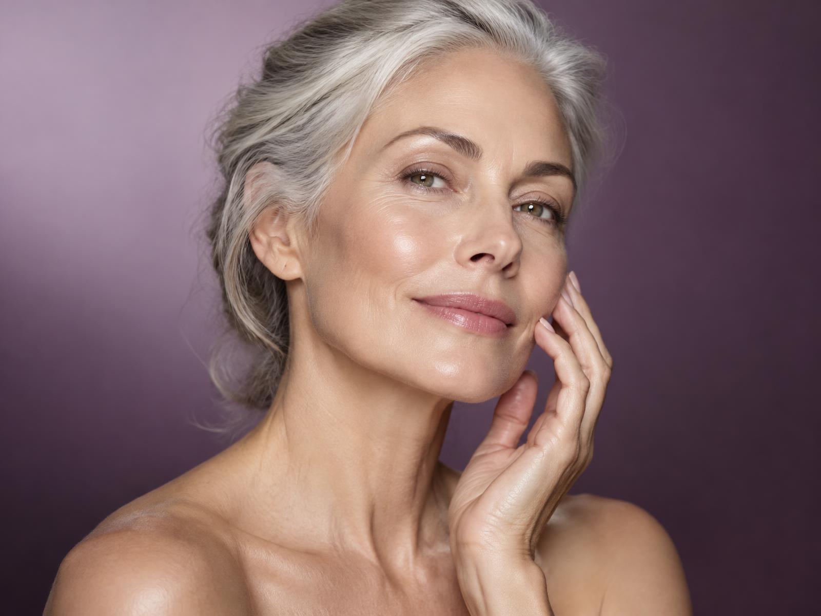 Woman with silver-grey hair lightly touching her cheek, luminous skin against a lilac background