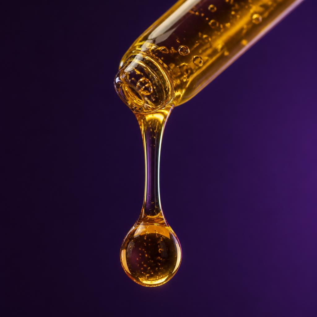 Macro close-up of a glass pipette releasing an amber vitamin C serum drop